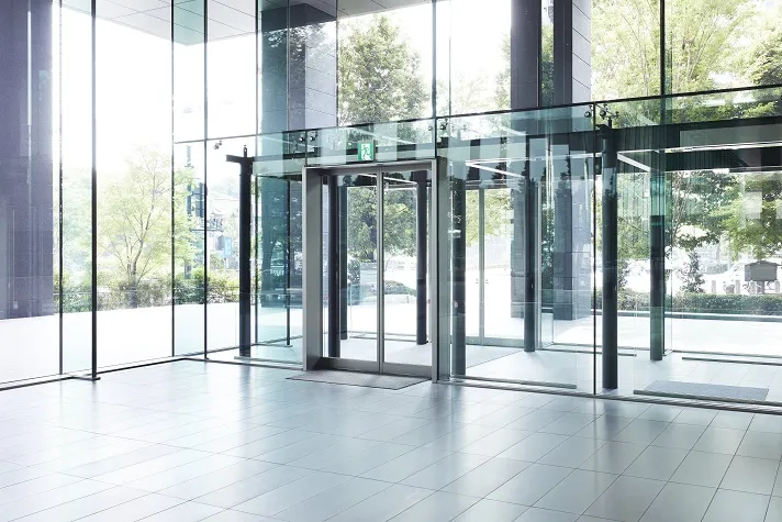 Automatic sliding glass doors in a modern building