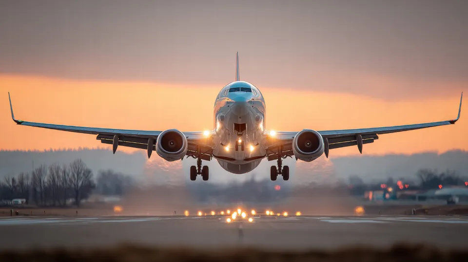 Commercial airplane taking off with blue sky background