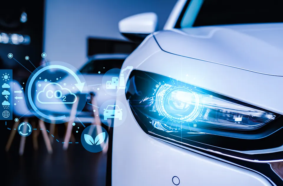 Close-up of an automotive headlight with digital interface overlay